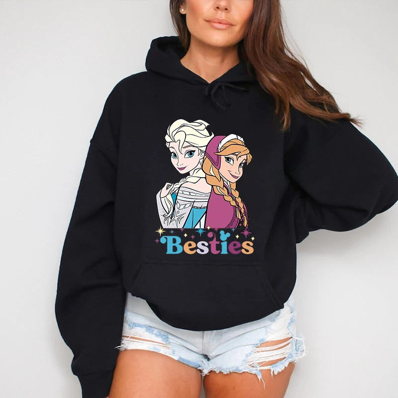 Disney Besties Princess Elsa Princess Anna Printed Women's Hoodie Autumn Winter Casual Sweater Loose Top