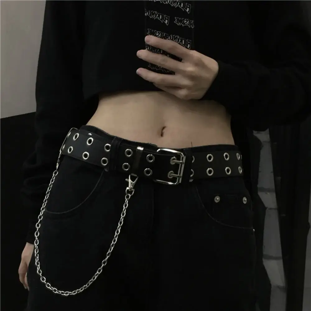 Damengürtel Trend Doppelringgürtel Doppelloch Öse Tülle Lederschnalle Punk Pin Gürtel Freizeitkleid Jeans Gothic Bund – Detail 2
