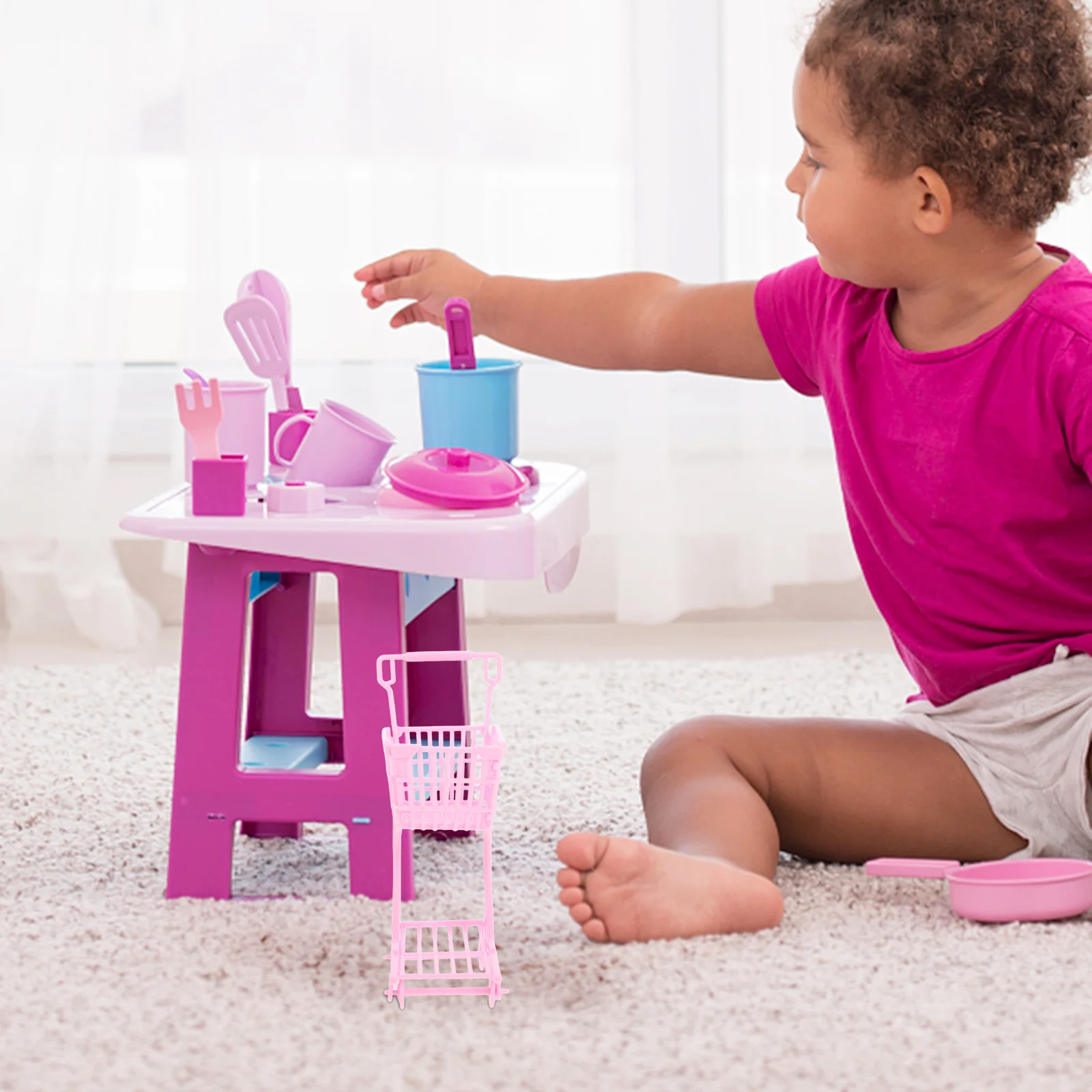1 Uds Mini cesta pequeña de compras para niños con asa para carrito de compras de bebé juego de simulación organizador de escritorio de juego de rol de supermercado rosa