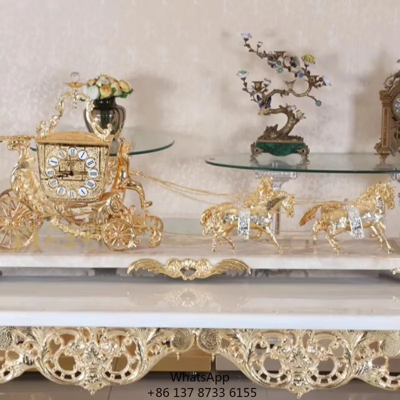 

Medieval Luxury Style Gilded Bronze Carriage Watch Clock With Marble Base, Antique Brass Gold Carriage Clock