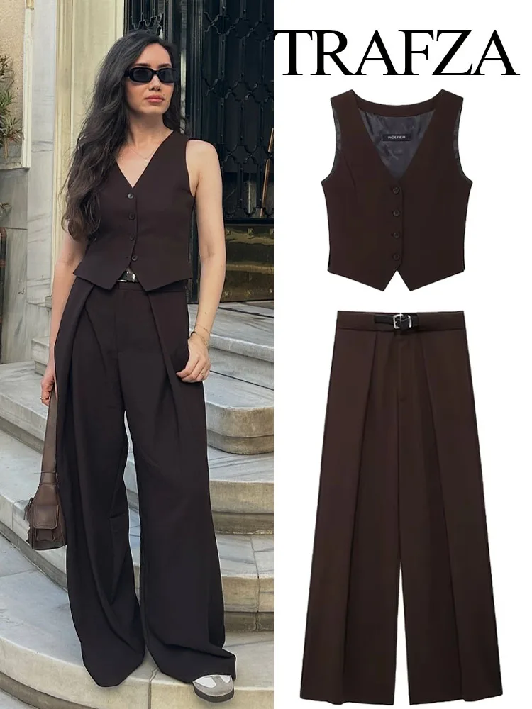 

TRAFZA Summer Fashion Women Suit Solid V-Neck Sleeveless Side Slit Single Breasted Vest+High Waist Pockets Sashes Wide Leg Pants