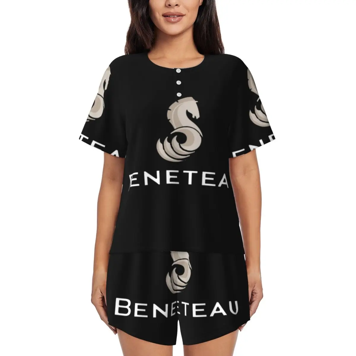 

Beneteau Sailboat Logo Round Neck Short Sleeves Nightdress for Sleeping Sleepshirts Women Soft Pajama Set Short Pants