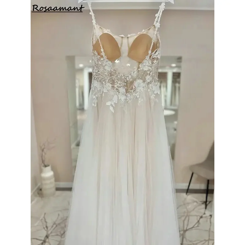 Gaun Pengantin A-Line Tali Spaghetti Ilusi Terbaru Gaun Pengantin Negara Renda Applique Tanpa Lengan