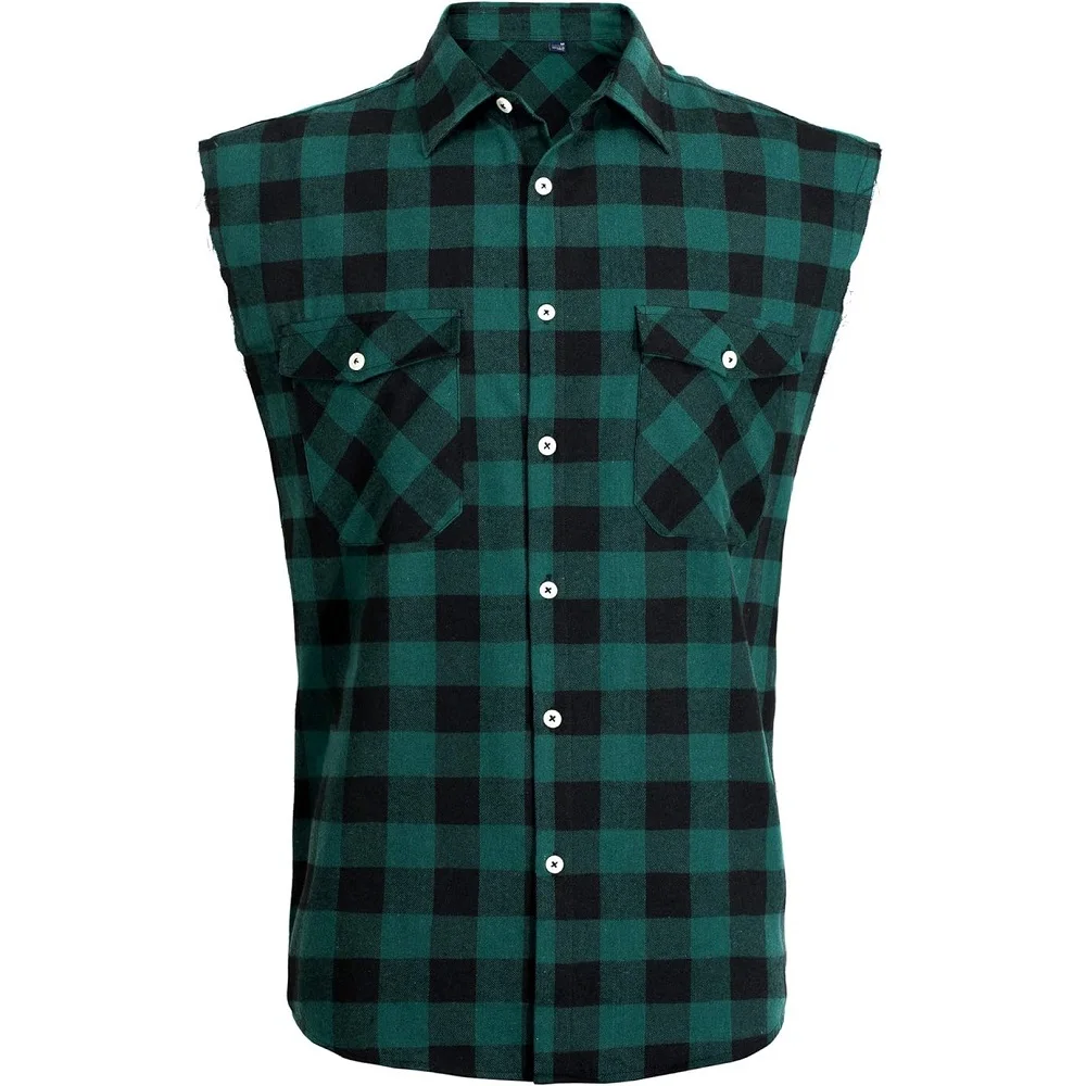 2024 New Men\'s Sleeveless Plaid Front Shirt Beach Cool Tops Baroque Short Sleeve Printed Button Clothing Casual Fashion Blouse