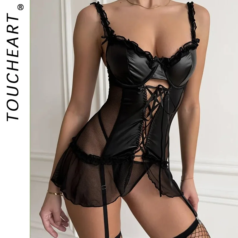 

Toucheart Mesh Sexy Lingerie with Silk Stockings Patchwork See-through Slim Backless Hollow Out Interesting Romantic Private Set