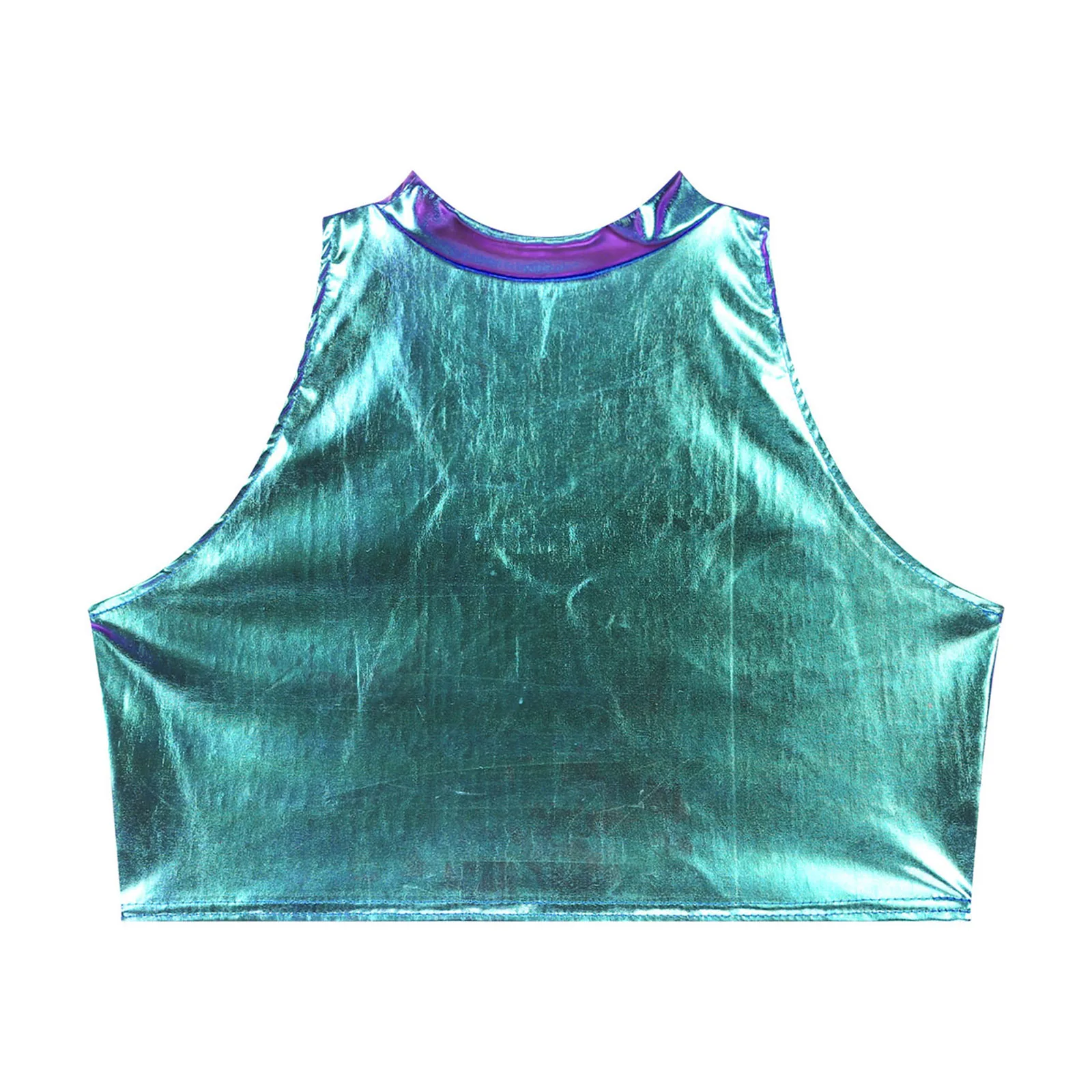 Women Metallic Mock Neck Crop Top Rave Dance Shiny Sleeveless Slim Fit Tank Tops Mini Vest for Party Carnival Nightclub Costumes