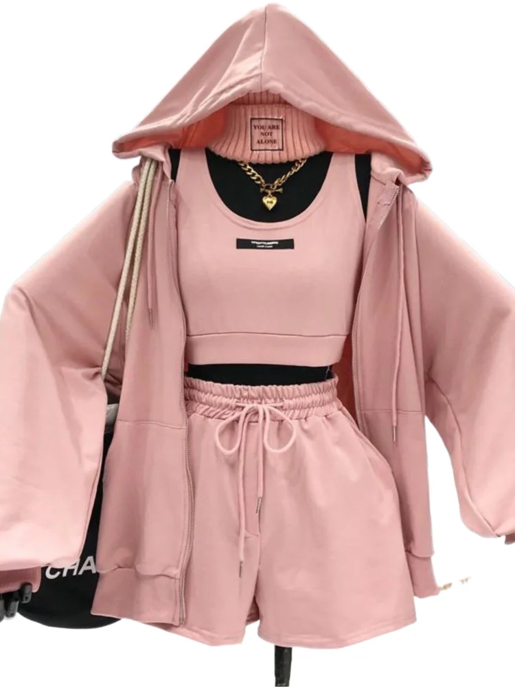 

Sporty Three-Piece Set For Women 2025 Spring Fashion Comfort Style Short + Vest Hoodie Shorts Casual Outfit 3 Piece Sets