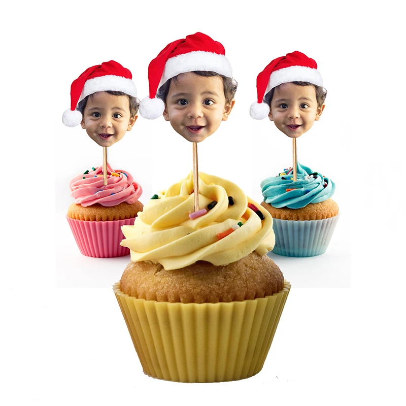 

Personalized Christmas Hat Face Cupcake Toppers for Birthdays, Christmas Parties, Holiday Events, Baby Face Cupcake Toppers