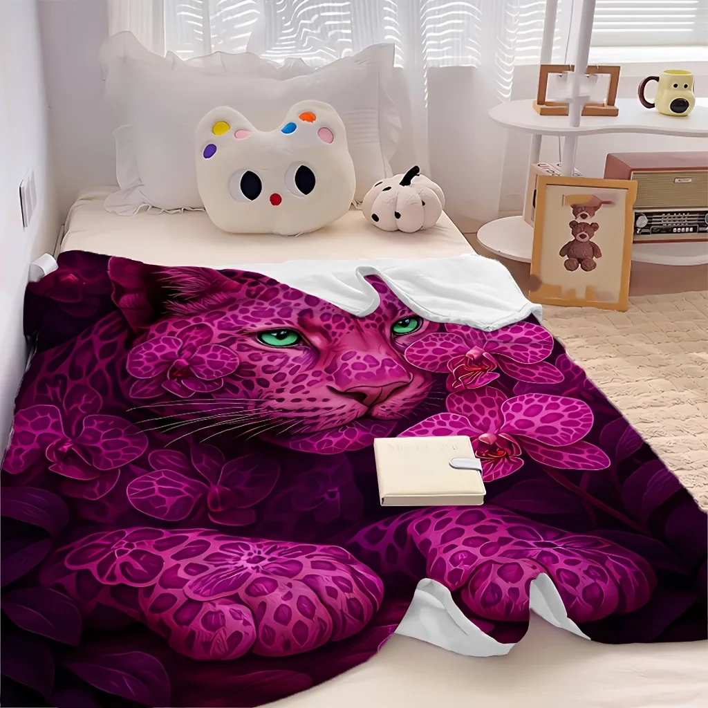 1pc Purple Jungle Leopard Dark Wild Animal Portrait Print Flannel Blanket, Practical and Ultra Soft, Suitable for Blankets, Kid
