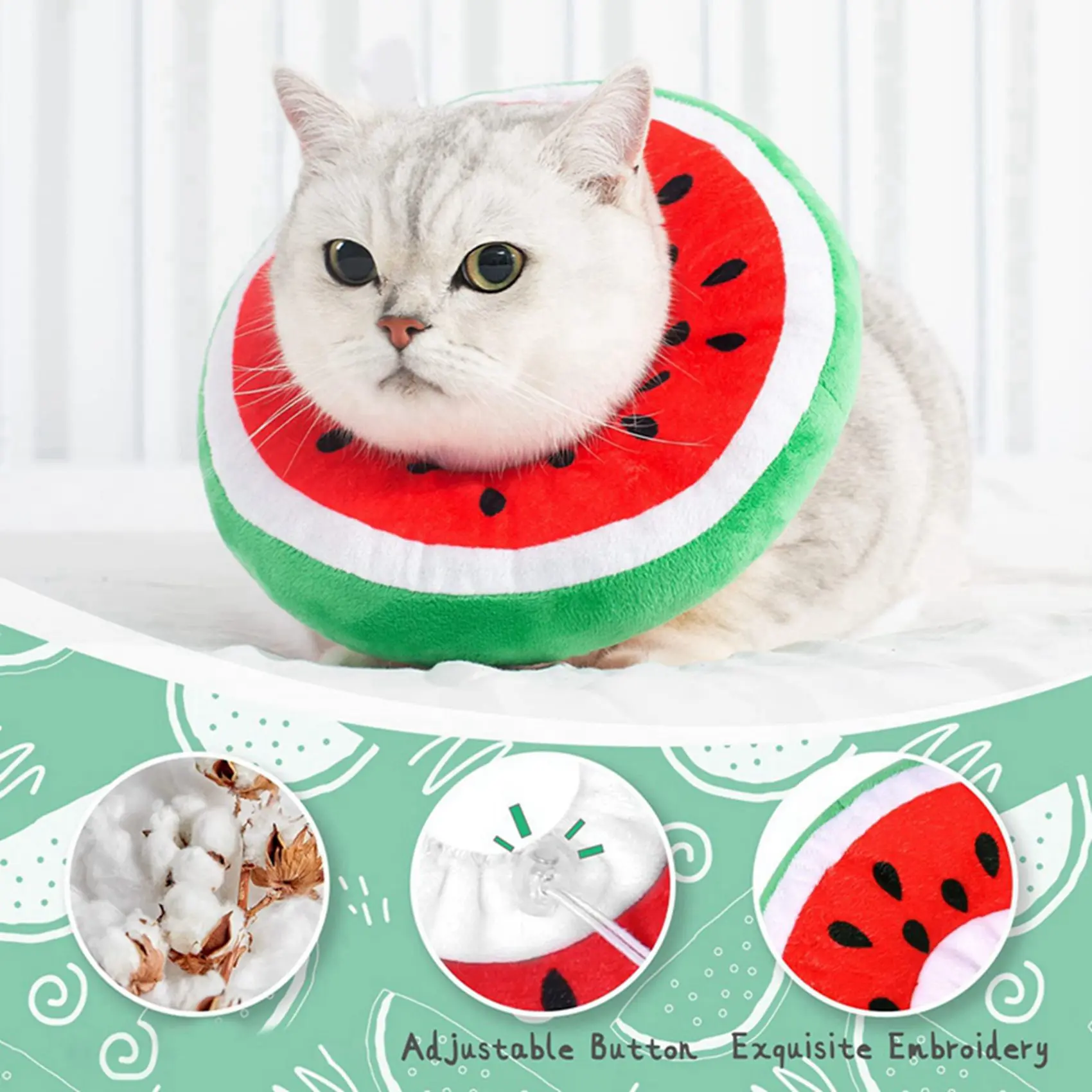 ABDJ-2X Adjustable Cat Cone Collar Soft, Cute Cats Recovery Collar, Cats Cones After Surgery For Kittens Watermelon Small