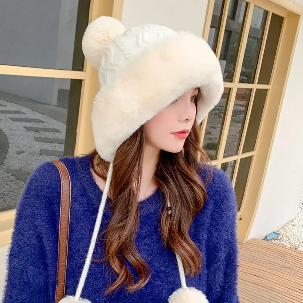 Fashion Faux Fur Knitted Bobble Beanie Hat Cute Pom Pom Ball Cossack Skiing Furry Cap Winter Thicken Warm Knitted Cap Cold-proof