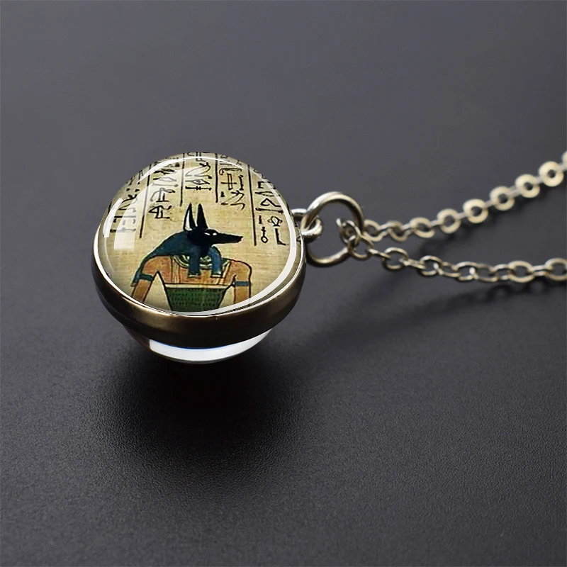 Egyptian Ankh Necklace Ancient Egypt Anubis Glass Ball Pendant Necklace Amulet Jewelry