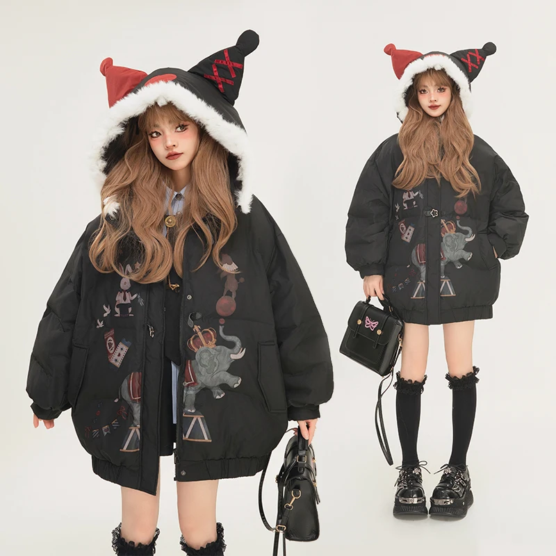 Dophee Original Circus Printing Women Black Sweatshirt Hooded Pullover Top Autumn Winter Personality Zip Cardigans Parkas Coat