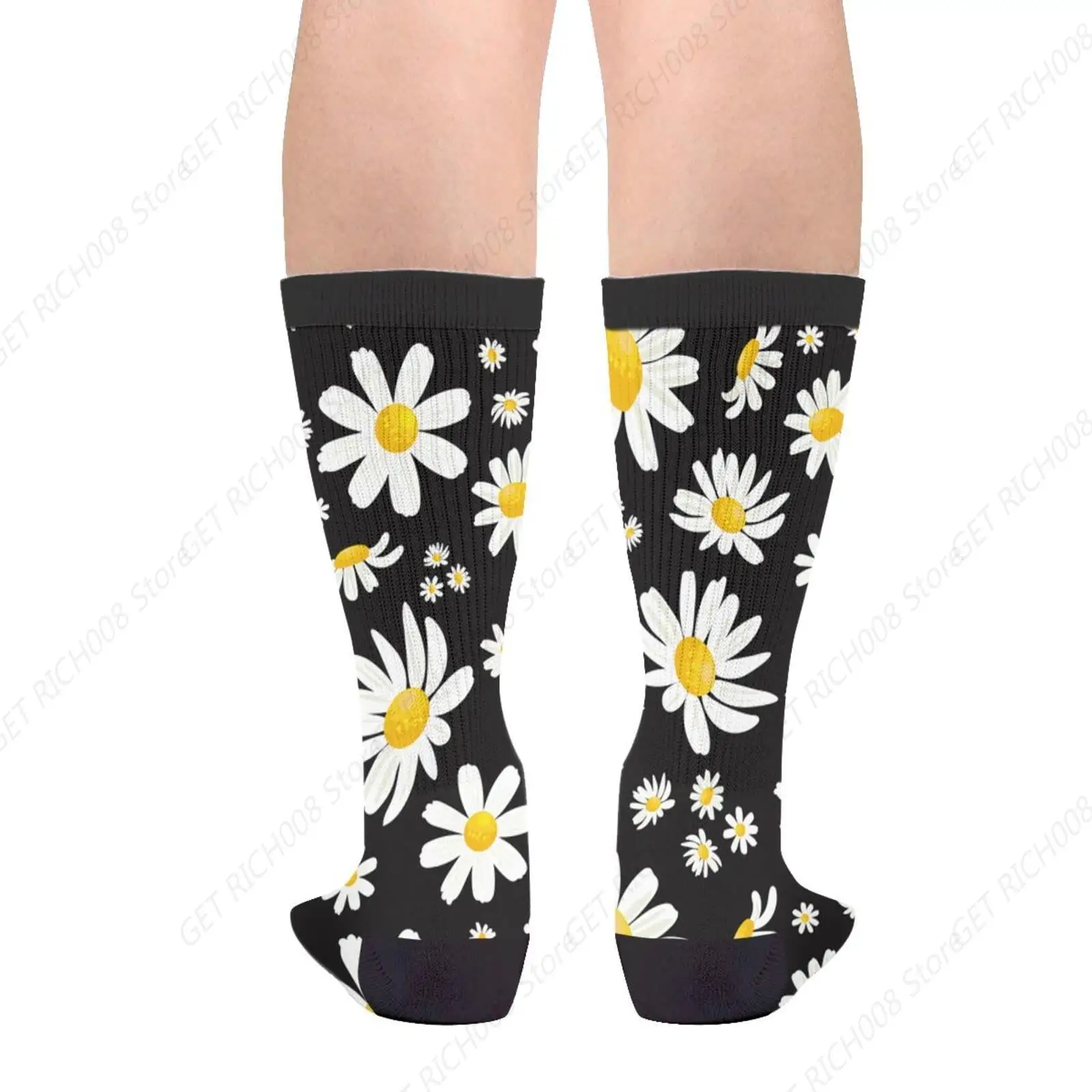 Daisy Flower Floral Cute Yellow Black Casual Funny Funky Novelty Fashion Socks For Men Women Print