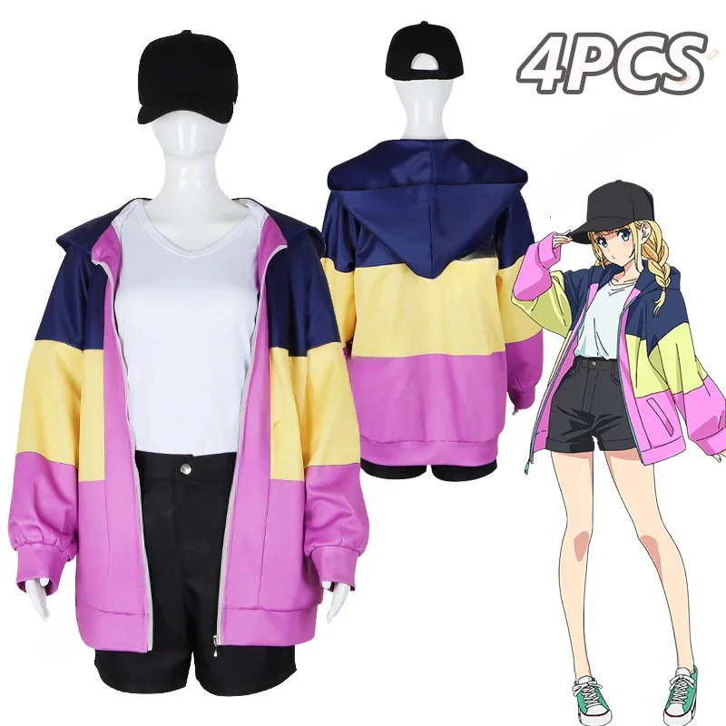 Anime Paripi Koumei Tsukimi Eiko Cosplay Costume Hooded Jacket Blonde Wig Hat Shirt Pants Girls Outfit Ya Boy Kongming Women