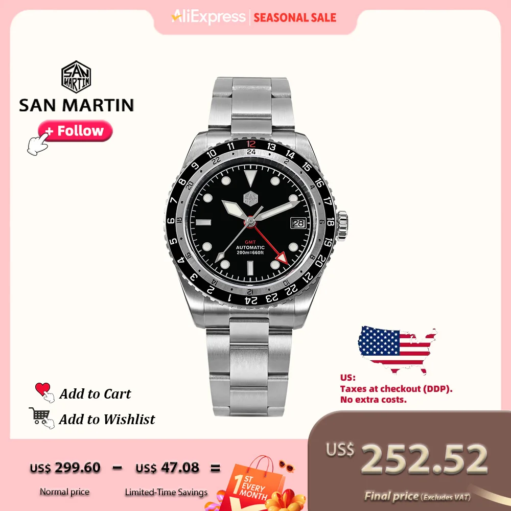 

San Martin Design GMT Men Watch 38mm World Timer Waterproof NH34 Automatic Mechanical Wristwatch 20Bar Sapphire Glass SN0112