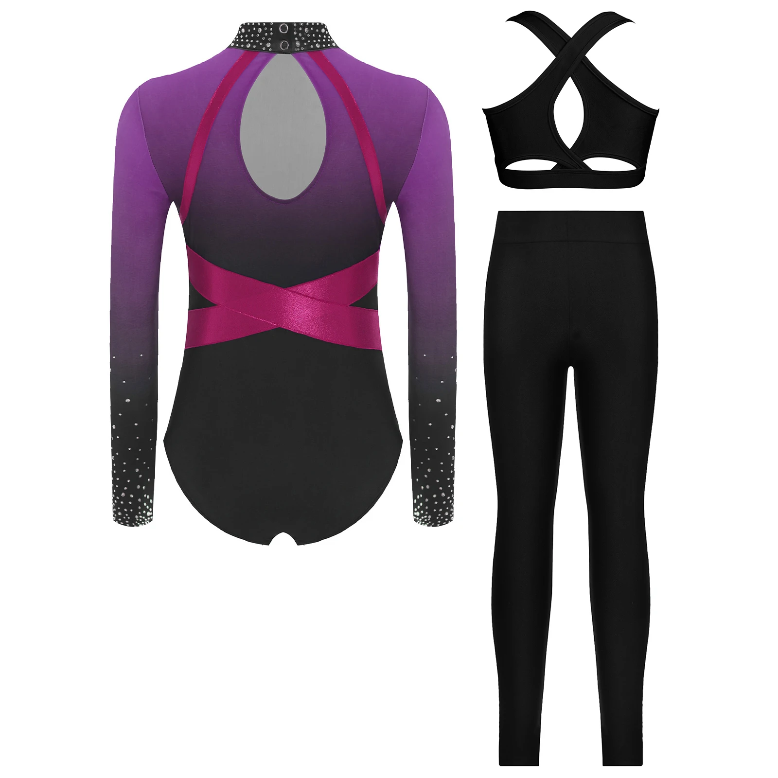 3개/세트 어린이 소녀 체조 피겨 스케이팅 댄스 의상 긴 소매 반짝이는 라인스톤 컬러 블록 레오타드+조끼 탑+레깅스