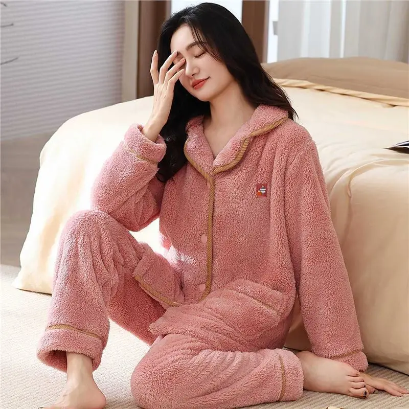 2026 Coral Fleece Thickened Warmth Ladies Winter Loose Home Clothes Soft Medium Thickness Long Sleeve Home Clothes for Women