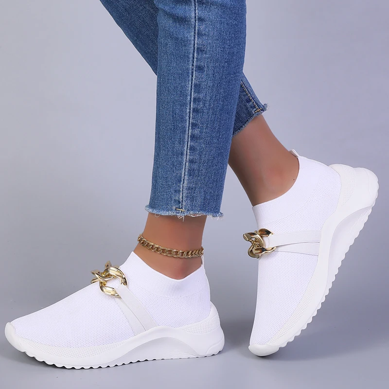 Breathable Knitting Flats Shoes for Women 2024 Autumn Fashion Chain Sports Shoes Woman Platform Slip on Socks Sneakers Plus Size