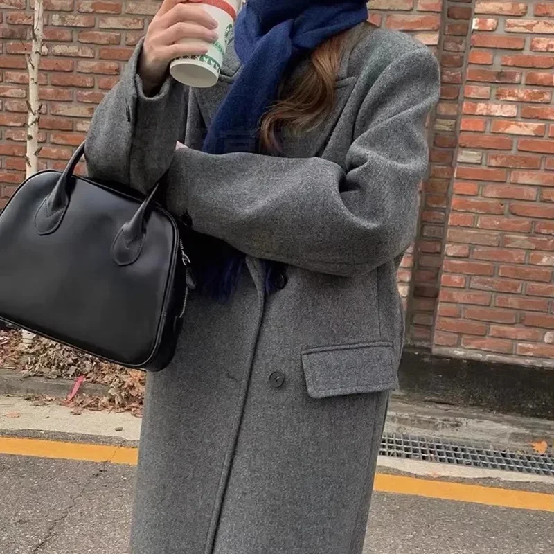 Double Sided Woolen Overcoat Women Long 2025 Winter Fashion High End Long Loose Lacing Belt Black Wool Coat