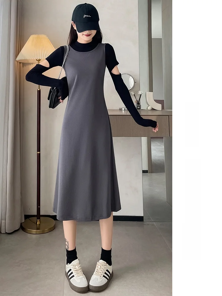 

plus Size Dr Women's Spring New round Ne Svel Vest Loose Slimming Inner Wear Base Long Dr Commute Sle C...