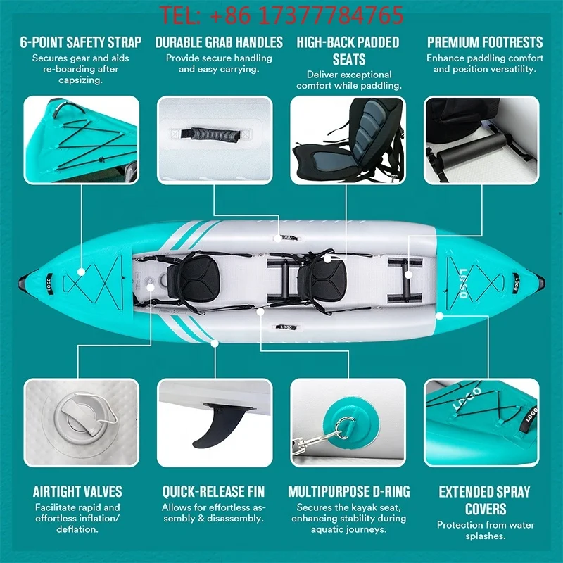 Inflatable Drop Stitch Foldable Double Kayak 381 CM, 3 Chambers 0.7 mm 500 D 18*20 Laminated PVC Portable Boat for Ocean Lake