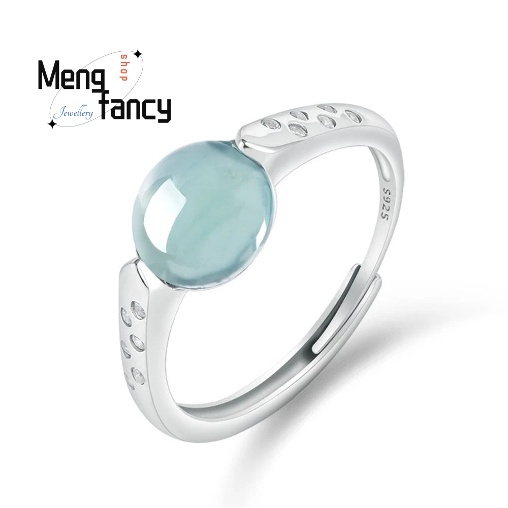 

High-grade S925 Silver Inlaid Natural A-goods Jadeite Blue Water Ice Jade Adjustable Ring Couple Fashion Elegant Luxury Jewelry