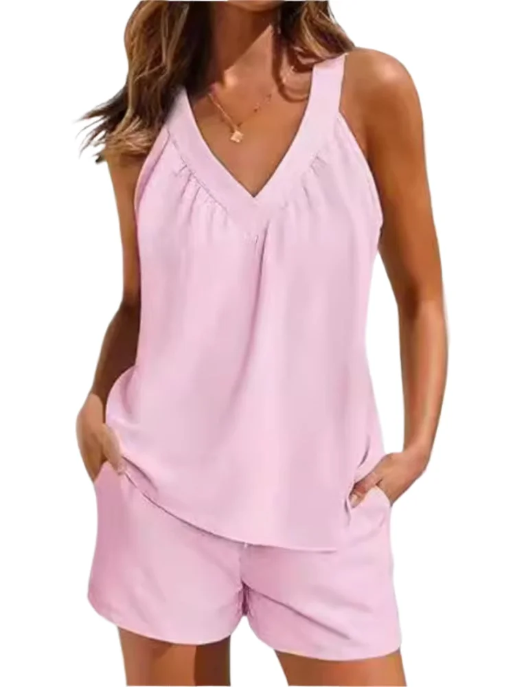 

Women'S V-neck Two Piece Sets 2025 Summer Fashion Cool Solid Loose Sleeveless Tops Loose Elastic Waist Shorts Set With Pockets