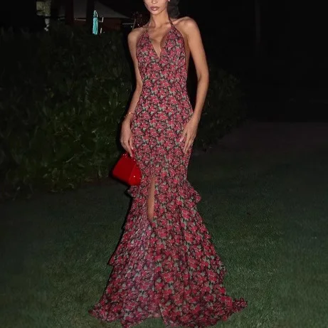 

New Summer Stylish Printed Tie-Back Dress, V-neck Camisole Multi-layered Skirt Elegant Dress