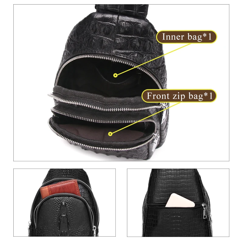 SCHLATUM 100% Cowhide Leather Men Crocodile Grain Fashion Black Multifunctional Leather Chest Bag