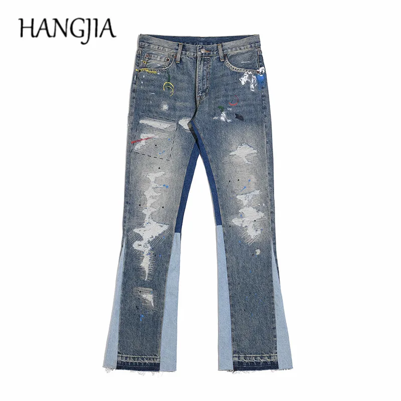 Blue Speckle ink Washed Destroyed Flared Jean Pants Hip Hop Graffiti Ripped Denim Jeans Men Streetwear Vintage Wide Leg Jeans