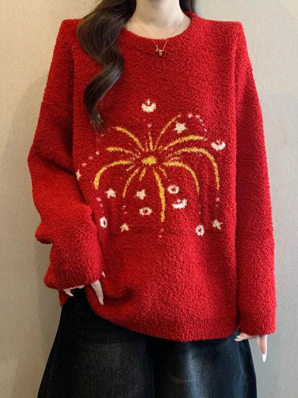 

Red Firework Shoulder Sweater Women's plus Size Winter Knitwear Soft Mink Fluffy Top Commute Style Loose Fit round Neck Long ...