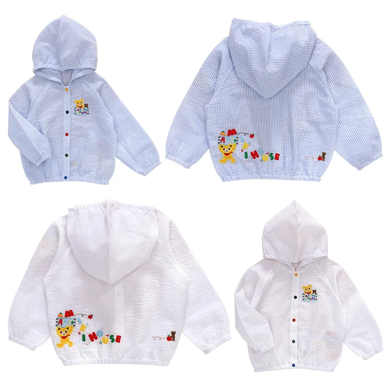 Boys Sunscreen Jackets Cartoon Bear Embroidered Hooded Jacket Cardigan Sun Protection Suit Kids Air-conditioned  Clothes