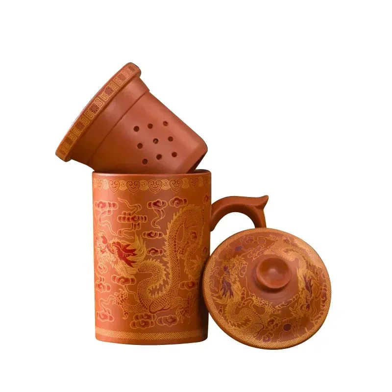 

Retro Yixing Dragon Phenix Purple Clay Tea Mug with Lid and Infuser Handmade Ceramic Teacup Office Water Cup Gift Home Drinkware