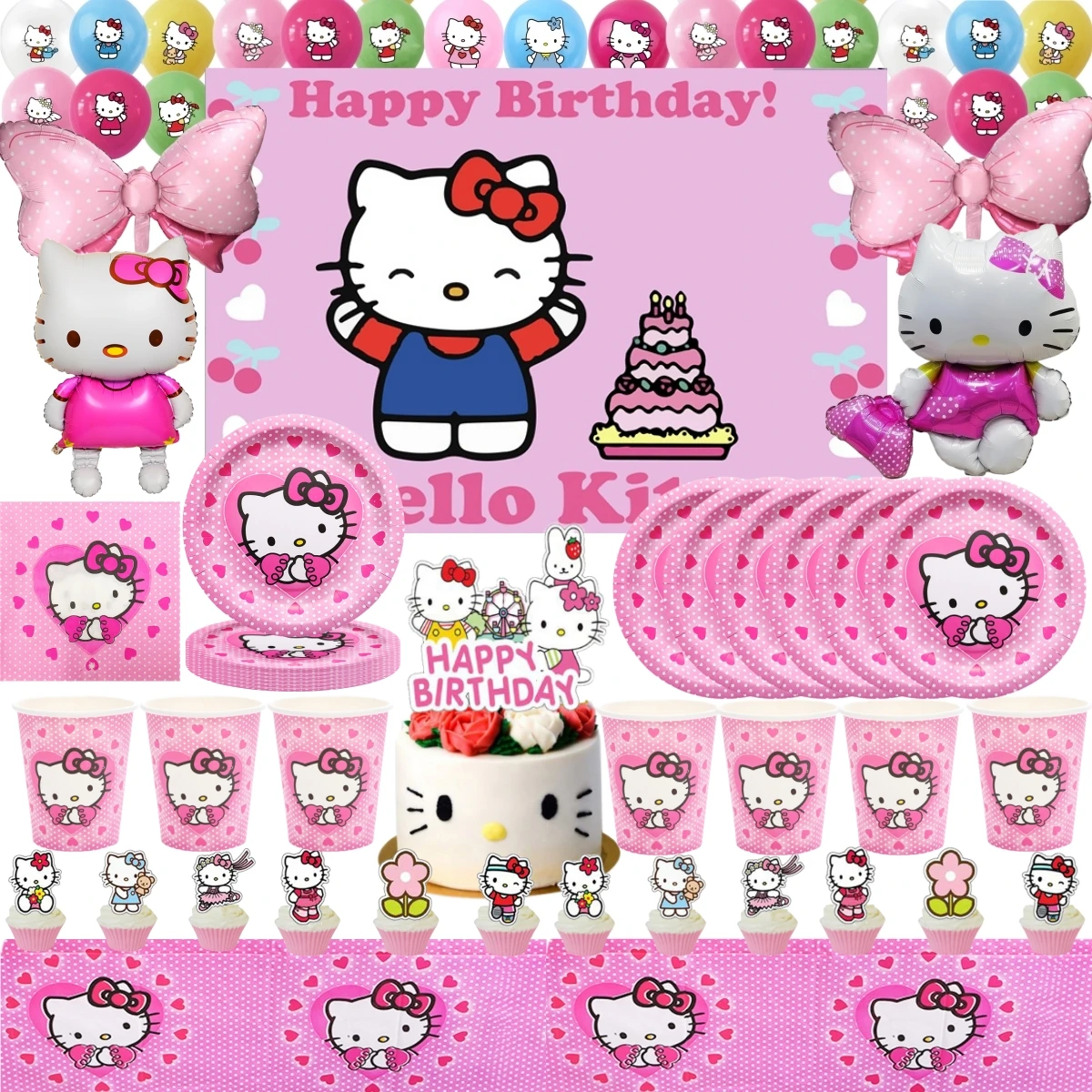 แผ่นตกแต่งสำหรับปาร์ตี้วันเกิดลาย Hello Kitty สีชมพูอุปกรณ์ตกแต่งลูกโป่งแบบใช้แล้วทิ้งของใช้ในงานเลี้ยงของขวัญสำหรับเด็กผู้หญิง