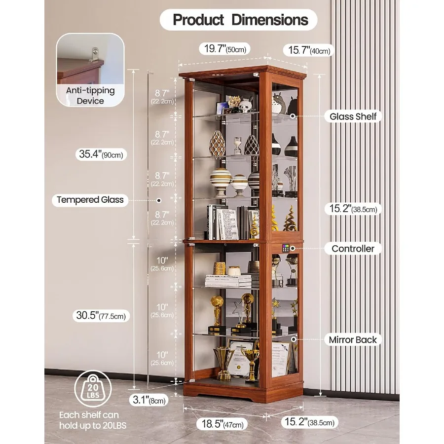 Display Cabinet with RGB Lights and Glass Doors for Collectibles: Tempered Glass, Black, Adjustable LED Lighting view 2