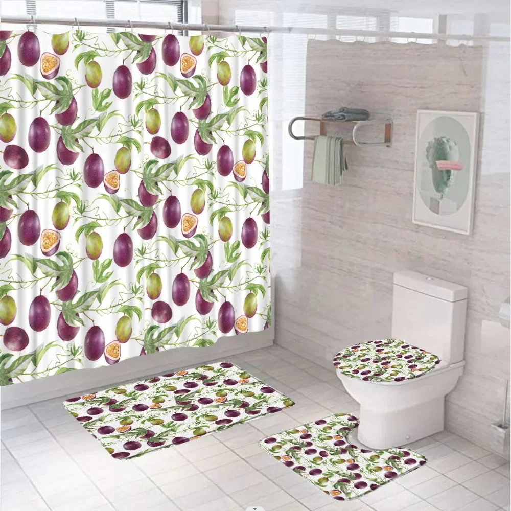 4Pcs Tropical Passion Fruit Shower Curtain Set Green Leaves Plant Bathroom Decor Screen Anti-slip Bath Mat Toilet Lid Cover Rug