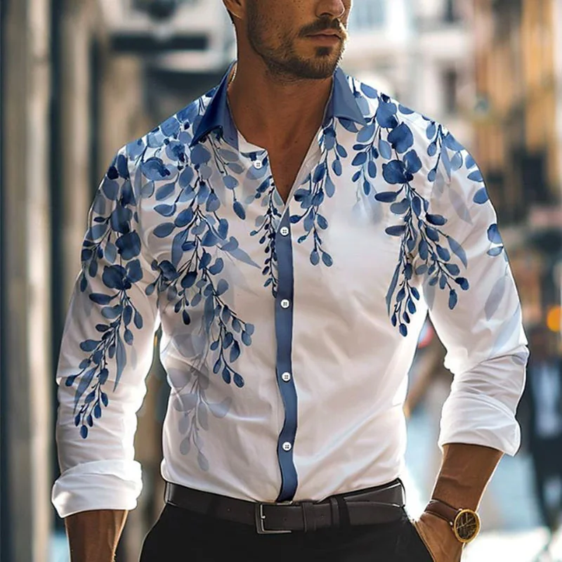 Men's Floral Leaf Print Long Sleeve Shirt Men's Casual All-match Fashion Street Men's Shirt Lapel Single-breasted Long Sleeve