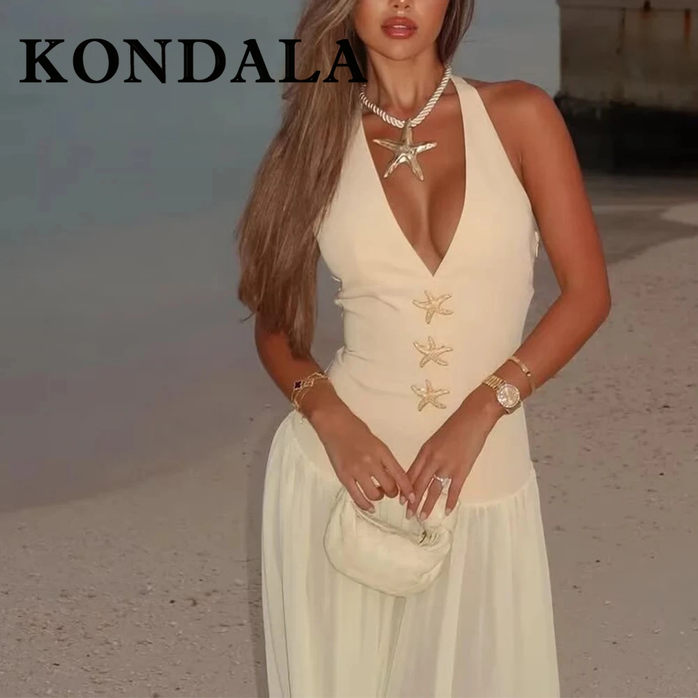 KONDALA 2025 الصلبة الأصفر المرقعة فستان طويل نجم البحر الديكور عارية الذراعين الرقبة شنت فستان مثير سستة القوس الإناث Vestidos