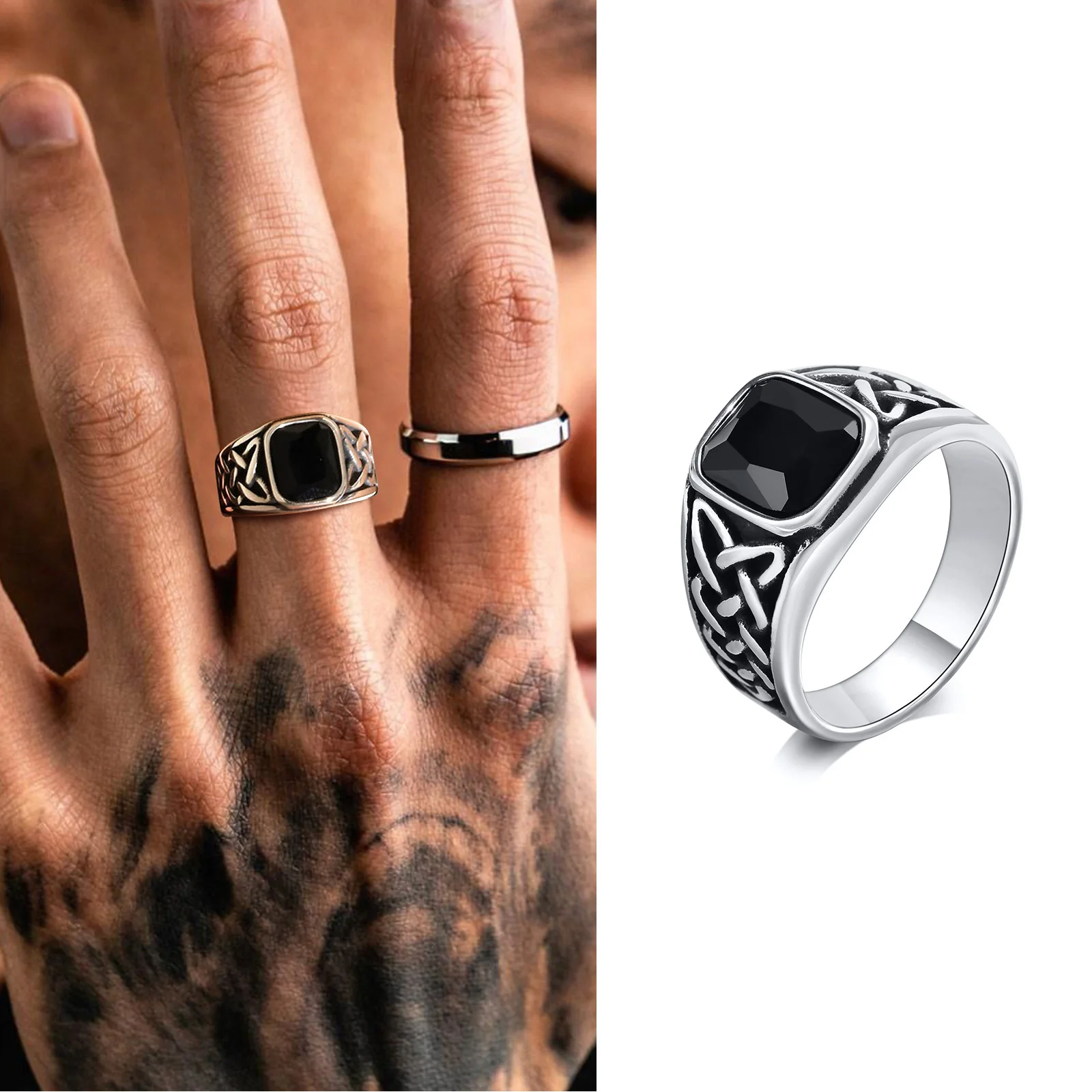 Punk Vintage ethnische Ringe für Männer, Retro Wikinger Knoten Rune Finger Band, schwarzer geometrischer quadratischer Stein Siegelring Schmuck