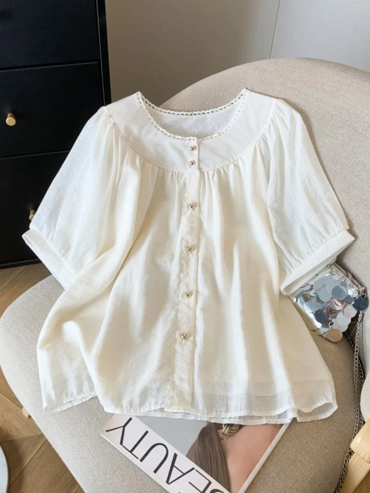 

Sweet Lace Bubble Sleeve Shirt Women's Summer Thin Loose Elegant Youthful Gentle Doll Shirt Top Korean Style Casual Fashion