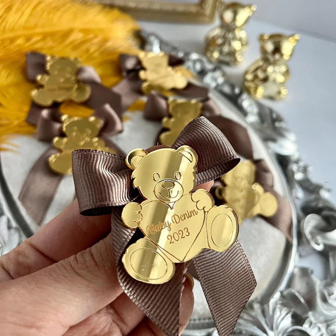 30 Pcs Personalized Engraved Gold Teddy Bear Tags Baby Baptism Party Decor First Communion Favors, Mi Bautizo Custom Gift Tags