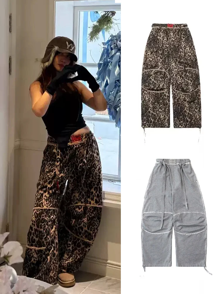 American Style Retro Loose Leopard Print Women's Casual Sports Sweatpants High Waist Elastic Straight Leg Pants