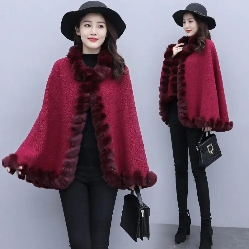 

Women Coats & Jackets for Winter Solid Color Cape Faux Fur Collar Thick Warm Granular Fleece Capes Ponchos Autumn Outwear E575