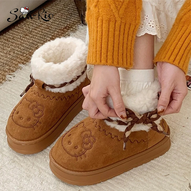 Kawaii Hello Kitty Snow Boot Women's Thickened Cotton Shoes Non-Slip Boots Winter Girl Plush Snow Booties Keep Warm Sneaker