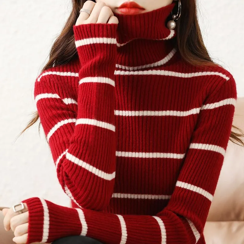 Outono novo fino-ajuste listrado de malha inverno gola alta manga comprida roupa interior básico pilha colarinho pullovers feminino topo
