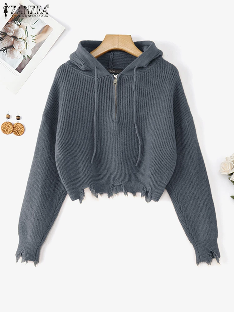 

Осенние вязаные свитера 2024, пальто ZANZEA, стильные женские пуловеры с капюшоном, зимние свитера с длинными рукавами, облегающие джемперы на молнии