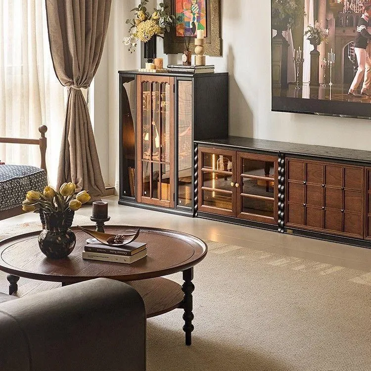 Medieval home display figure display glass cabinet French retro solid wood TV side cabinet