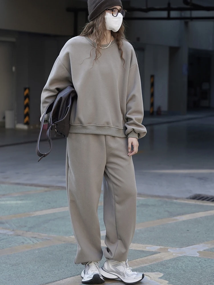 FANAN Thick Warm 3 Piece Set Women's Round Neck Loose Tps + Stand Neck Cotton Vest + Elastic High Waist Straight Pant Winter New