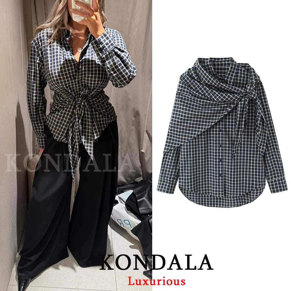 KONDALA Vintage Casual Chic Women Blouse Plaid Scarf Single Breasted Long Sleeve Shirt Fashion 2026 Spring Summer Casual Blouse